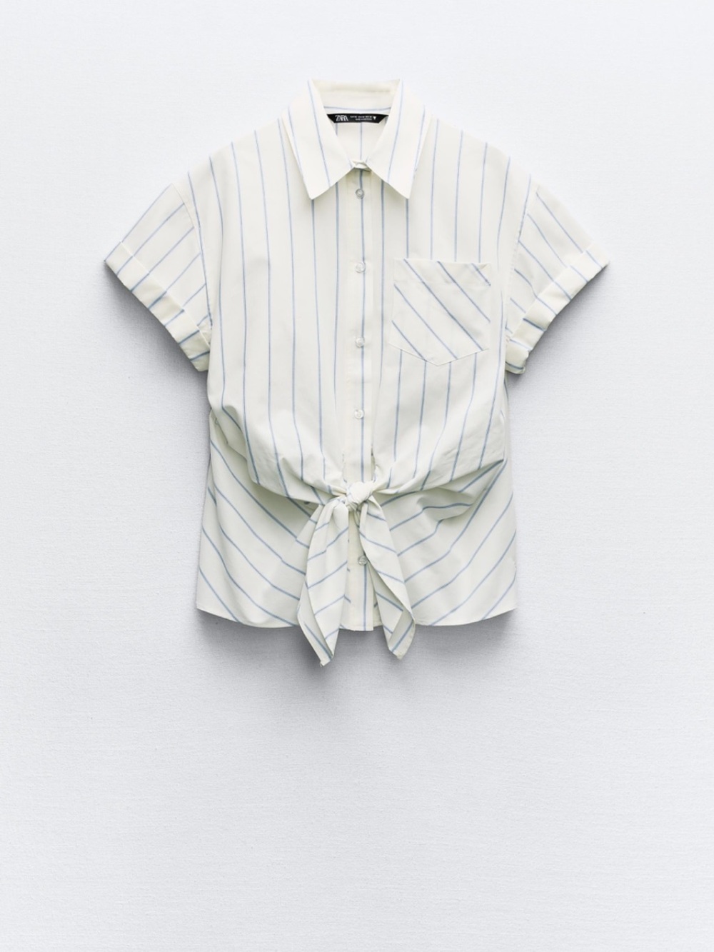ZaraStriped Tie-Front Short-Sleeve Shirt White Blue